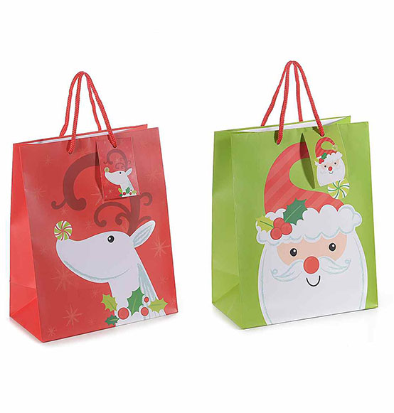 18Pz. Sacchetti buste regalo grandi in carta colorata con personaggio natalizio e biglietto di auguri